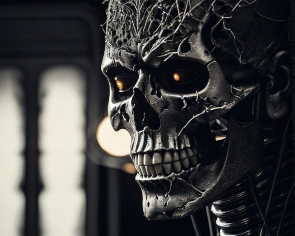 Detailed Robotic Skull with Dark Textures and Glow