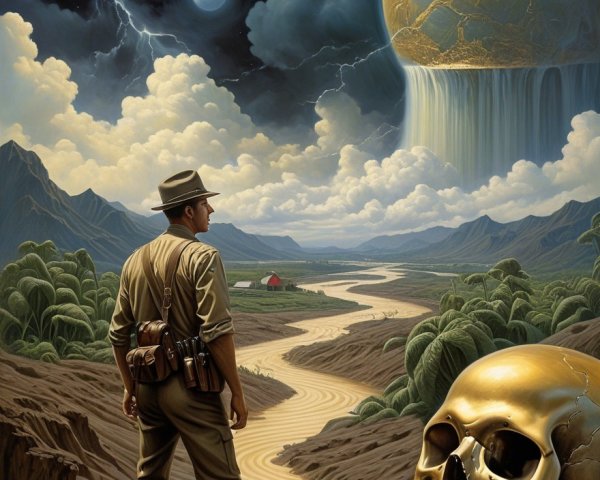 Explorer Observes Surreal Landscape with Golden Skull