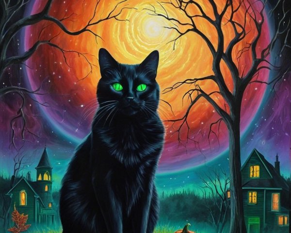 Black Cat and Orange Moon in Spooky Autumn Scene