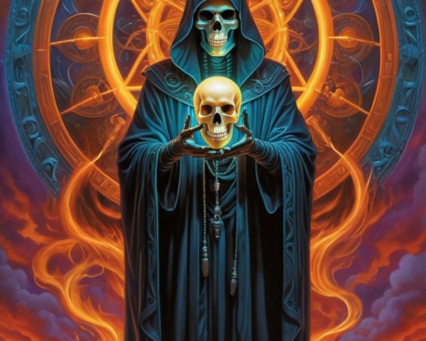 Mysterious Figure with Golden Skull in Fiery Setting