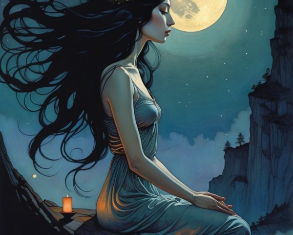 Serene figure on rocky ledge under full moonlight
