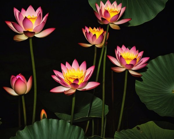 Tranquil Pond with Vibrant Pink Water Lilies and Leaves