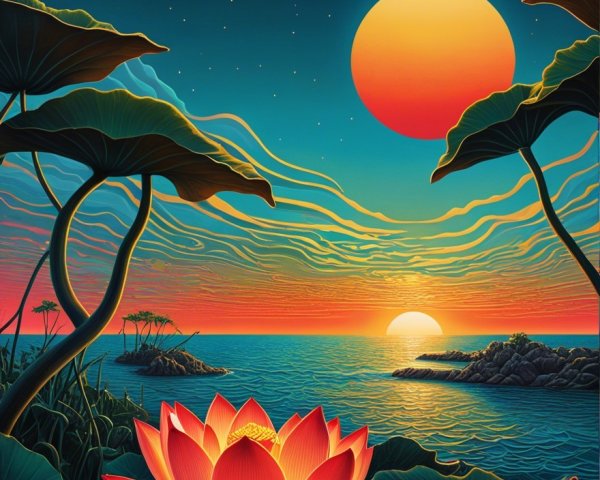 Vibrant Lotus Flowers Against Serene Sunset Seascape