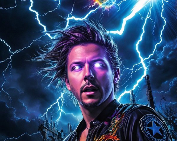 Dramatic Digital Artwork of Man with Glowing Purple Eyes