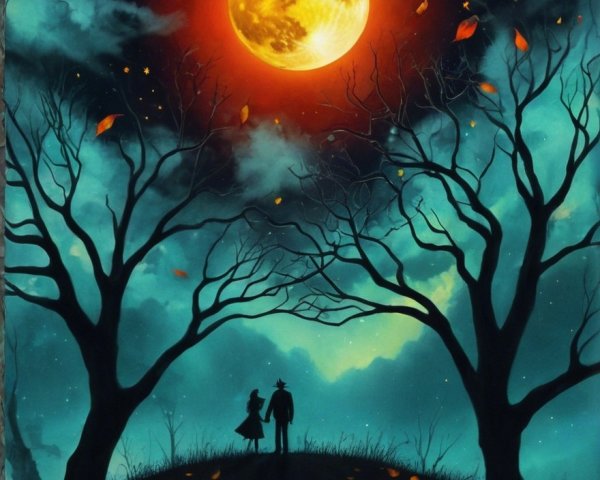 Couple Silhouetted Against Orange Full Moon at Night