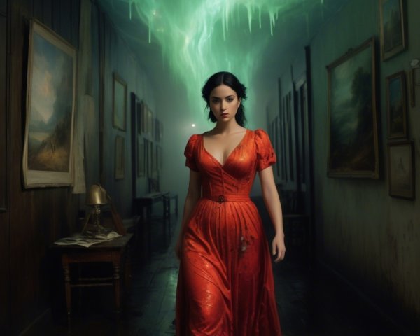 Woman in Red Dress in Dimly Lit Vintage Hallway