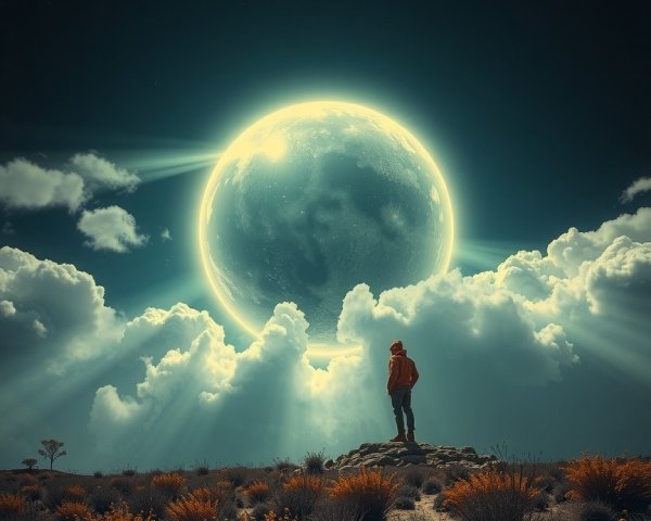 Solitary Figure Overlooking Moonlit Starry Sky