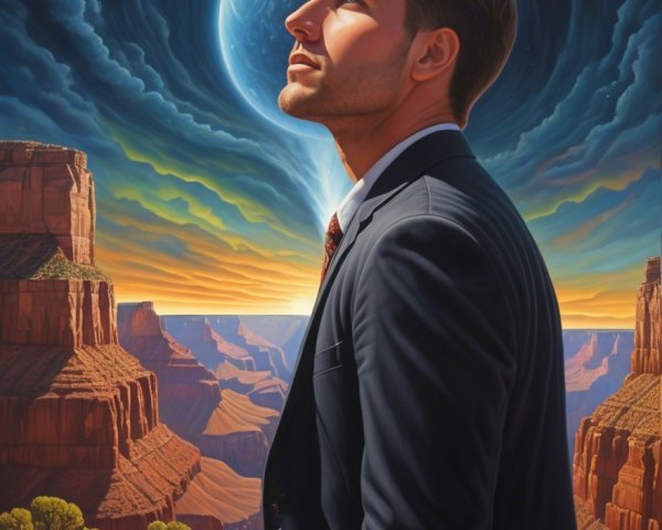 Man in Suit Contemplating Canyons at Sunset