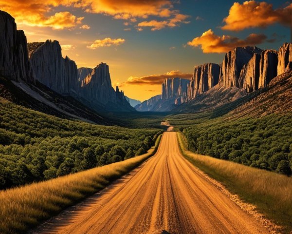 Winding Dirt Road in Lush Valley at Sunset