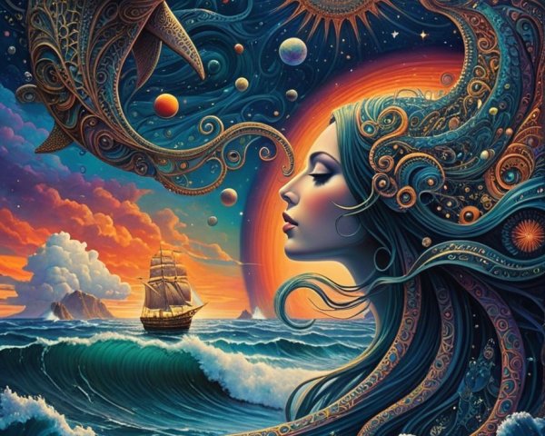 Surreal Scene of Woman with Ocean Waves and Cosmic Fish