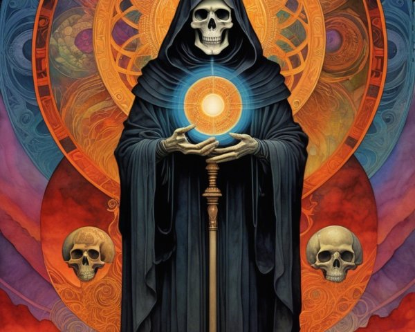 Cloaked figure with glowing orb and skulls in sunset