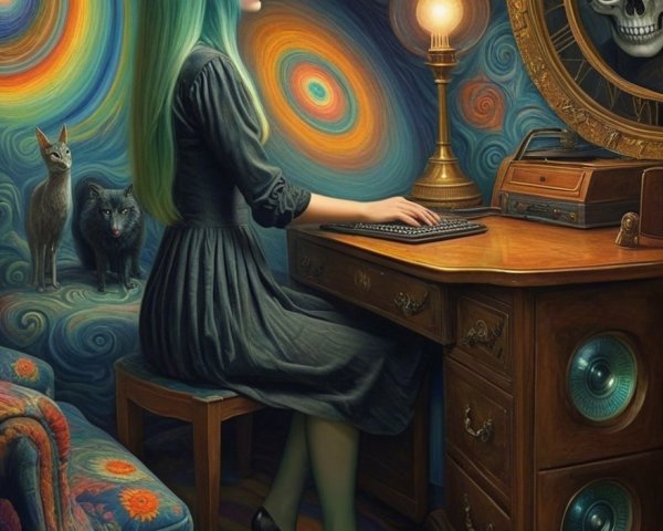 Surreal Scene of Woman with Green Hair at Vintage Desk