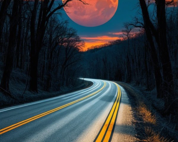 Winding Road Through Dark Woods Under Full Moonlight