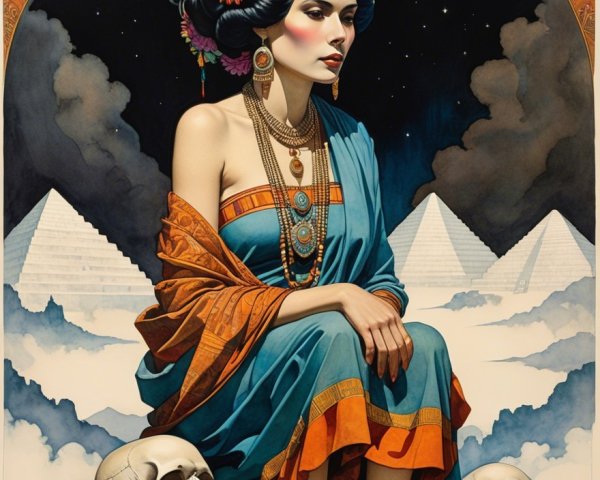 Woman in Gown Among Pyramids Under Starry Sky