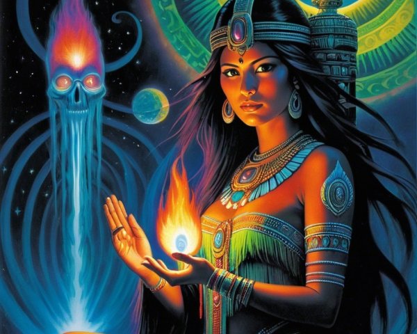Mystical Woman with Jewelry and Glowing Flame in Cosmos