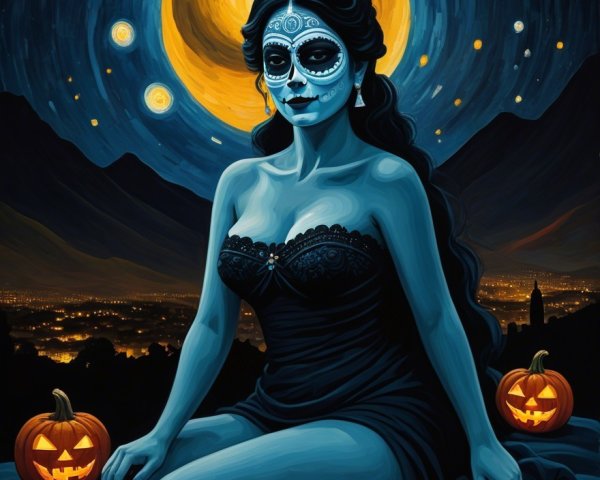 Serene Figure with Skull Face Against Moonlit Landscape