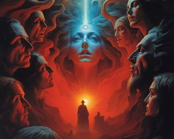 Surreal Artwork Featuring Serene Woman and Ethereal Faces
