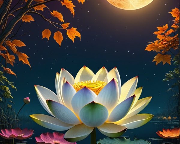Serene Nighttime Scene with Lotus and Full Moon