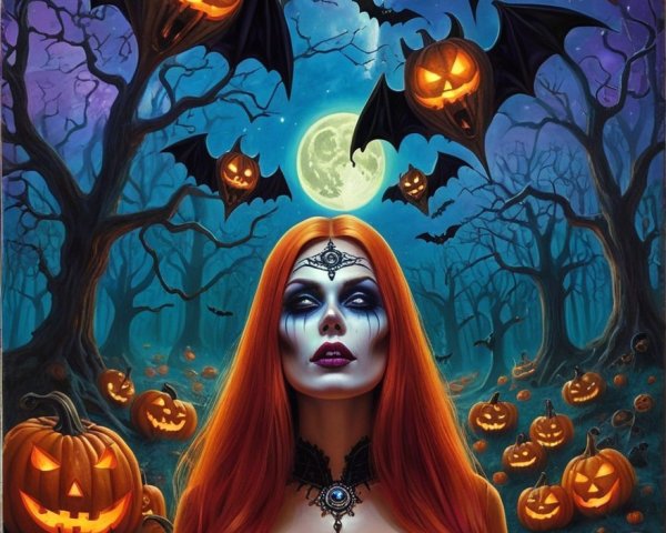 Mystical Woman in Dark Attire with Jack-o'-Lanterns