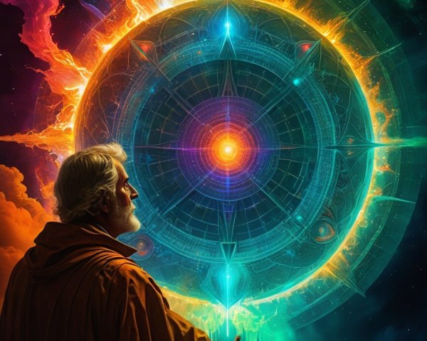 Cosmic Wheel Surrounded by Mystical Landscapes and Awe