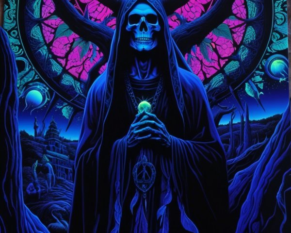 Skeletal Figure in Dark Robes Against Cosmic Backdrop