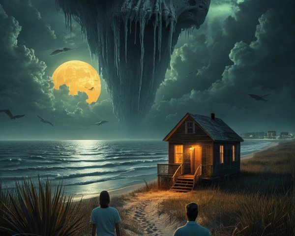 Eerie Landscape with Cottage and Skull in Night Sky