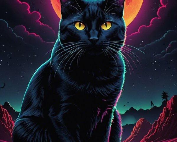 Black Cat with Yellow Eyes Against Surreal Landscape