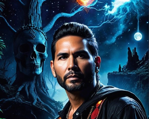 Male figure in black outfit against mystical landscape