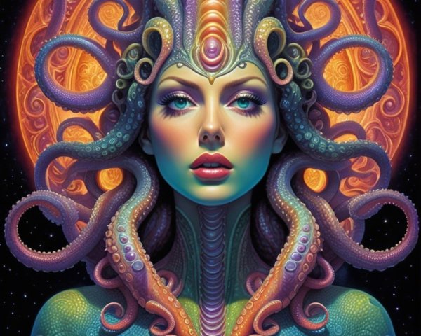 Surreal Illustration of a Woman with Tentacles and Cosmic Elements