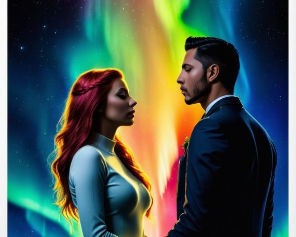 Couple Under Northern Lights with Vibrant Colors