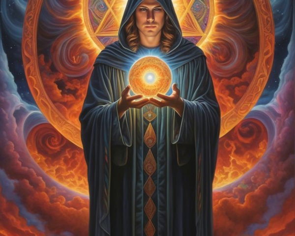 Mystical Figure in Blue Robe Against Cosmic Backdrop