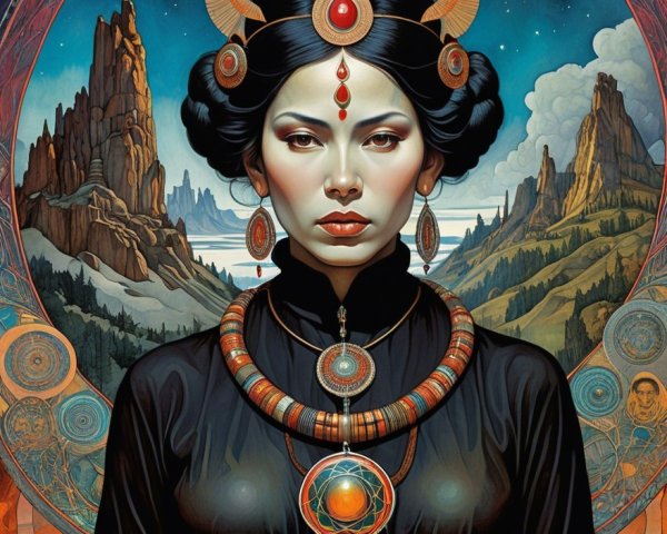 Mystical Figure in Elaborate Jewelry Against Surreal Landscape