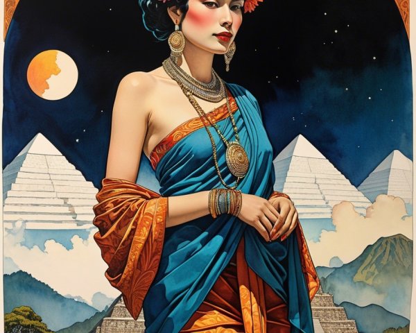 Regal Figure in Vibrant Attire Against Pyramids