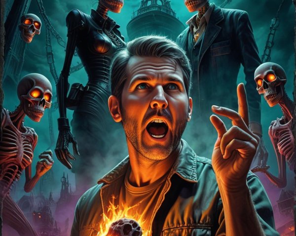 Dramatic Scene of Man with Fiery Orb and Skeletal Figures