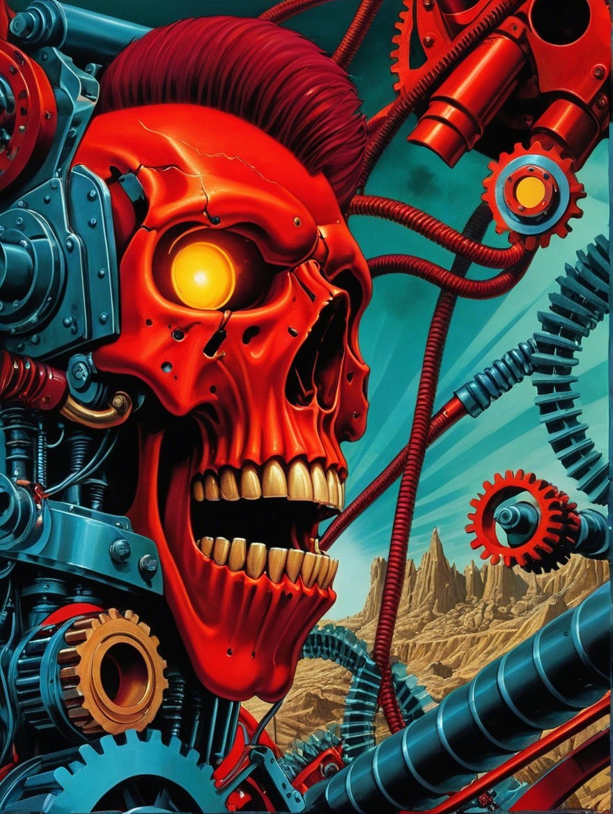 Stylized Mechanical Skull in Surreal Desert Landscape