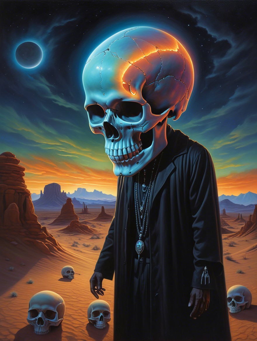 Surreal Landscape with Translucent Skull at Sunset