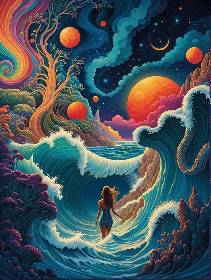 Surreal Landscape with Cosmic Elements and Flora