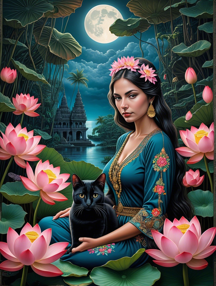 Woman in Blue Gown Surrounded by Lotus Flowers and Temples