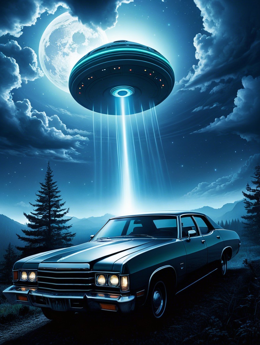 Classic Car and UFO Under Moonlit Forest Scene