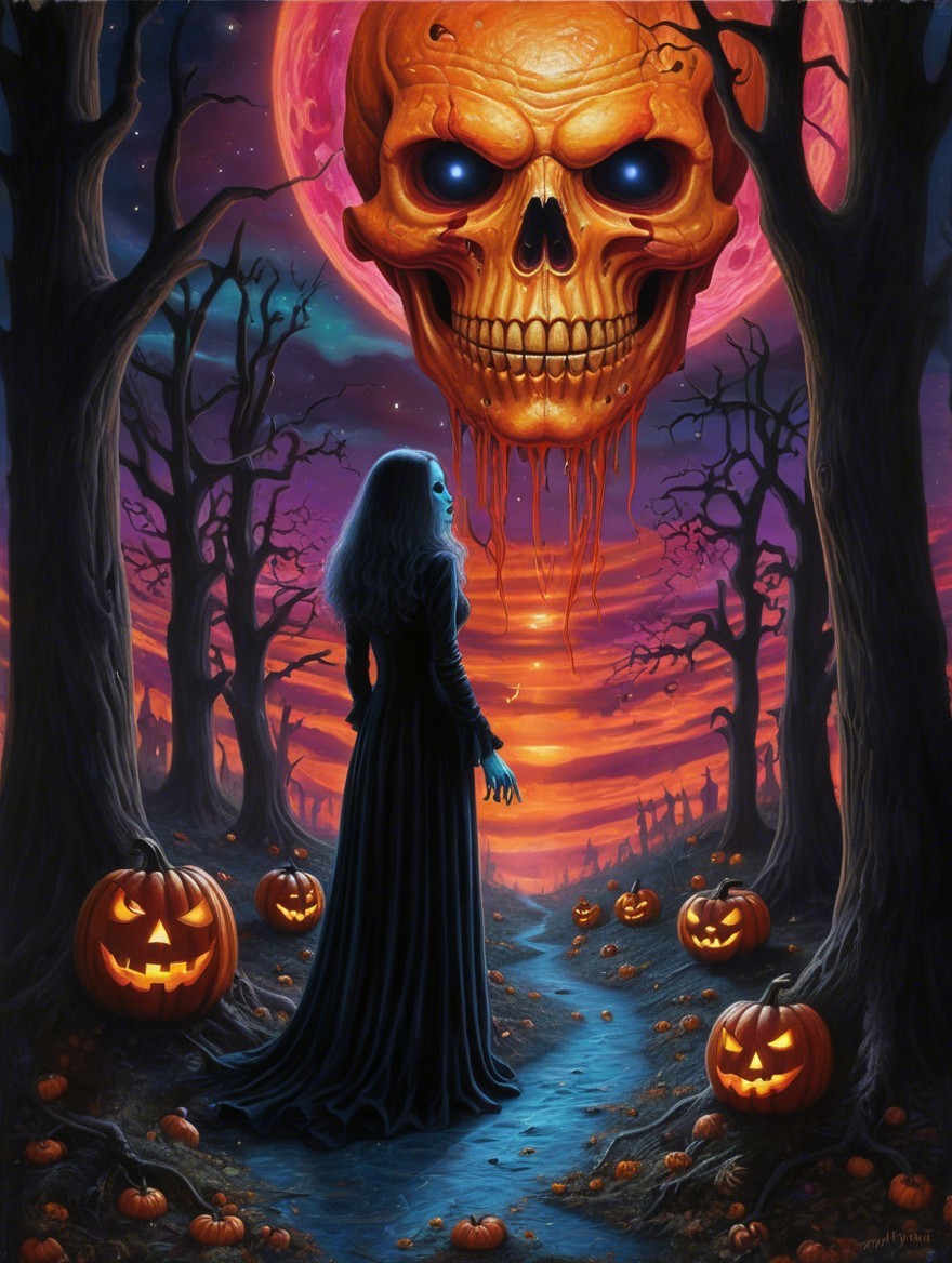 Mystical Scene with Dark Gown and Glowing Skull