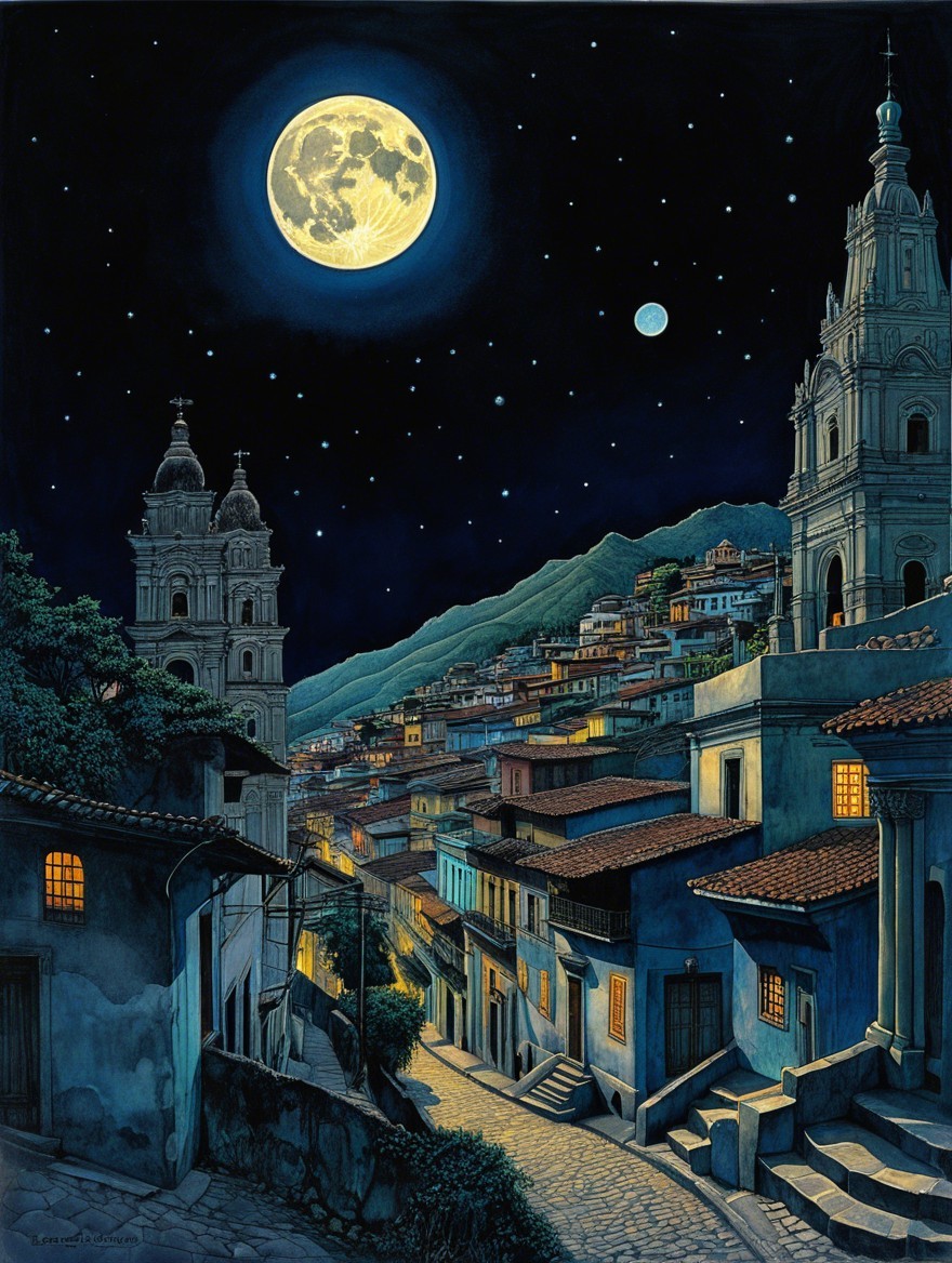 Tranquil Night Scene in a Mountainous Town