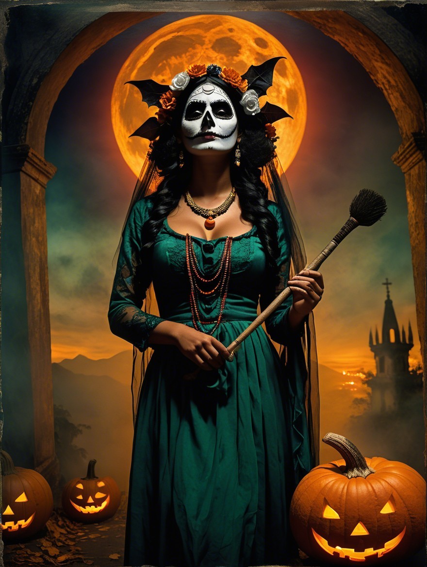 Haunting Figure in Emerald Gown with Moonlit Backdrop