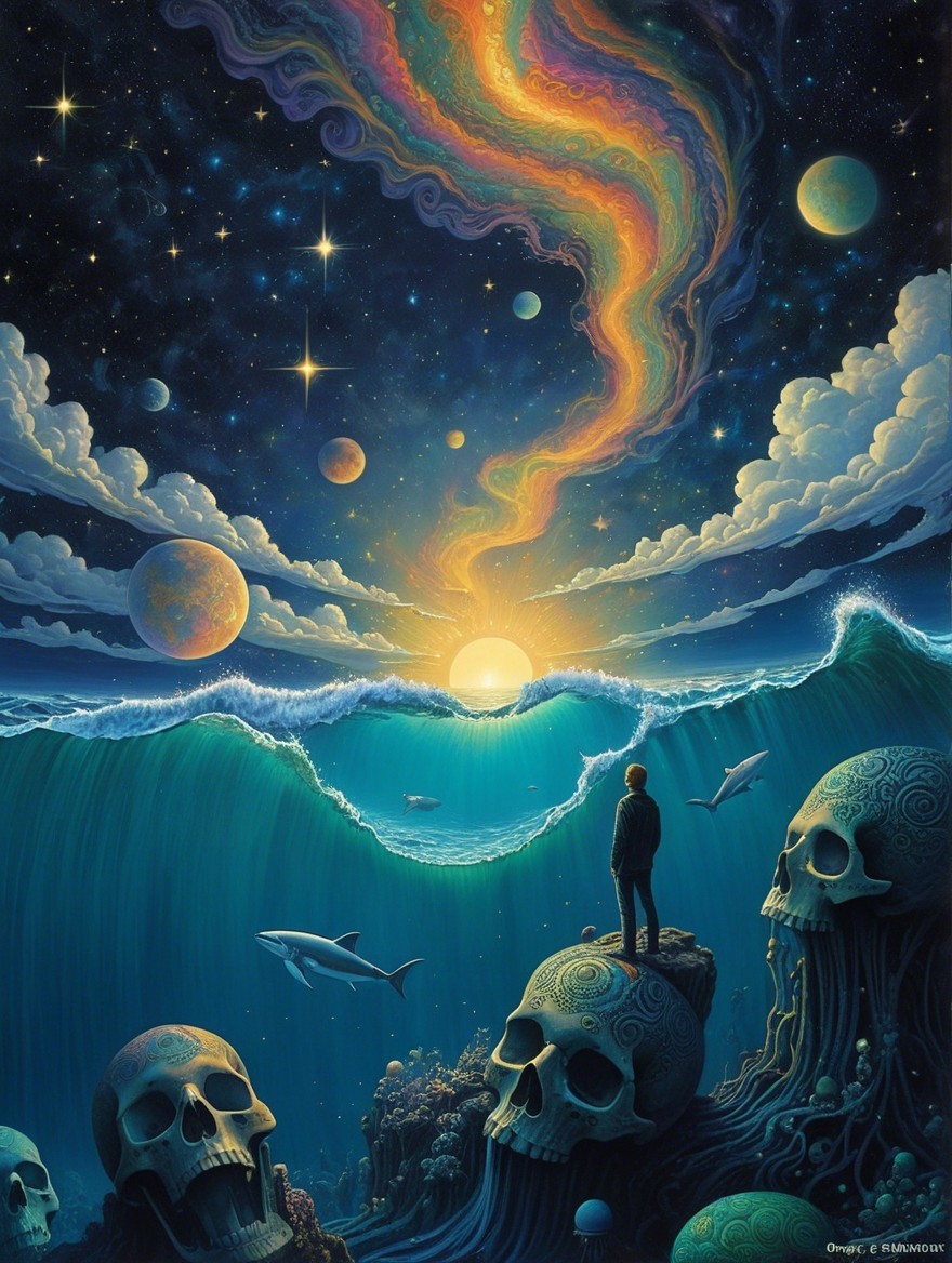 Surreal Landscape of Skulls and Cosmic Sky