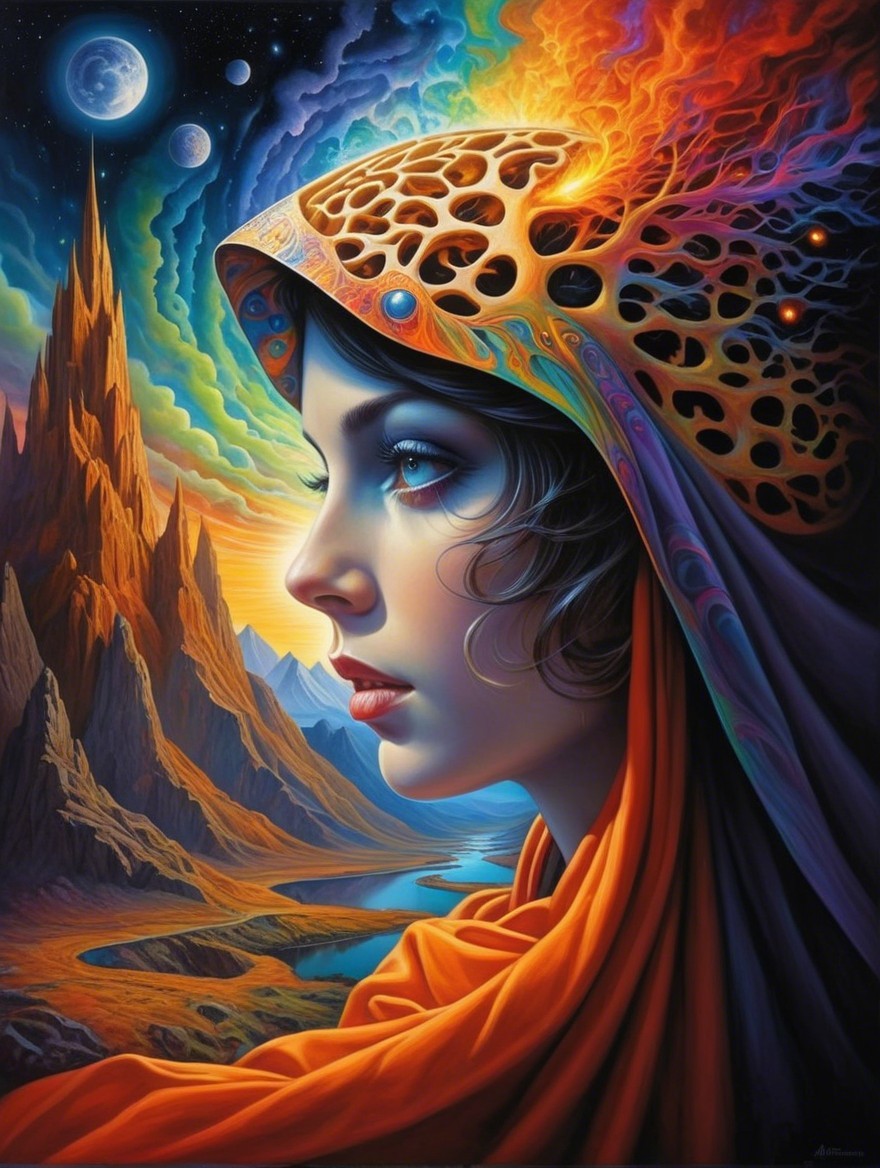 Mystical Woman with Cosmic Headpiece and Vivid Colors