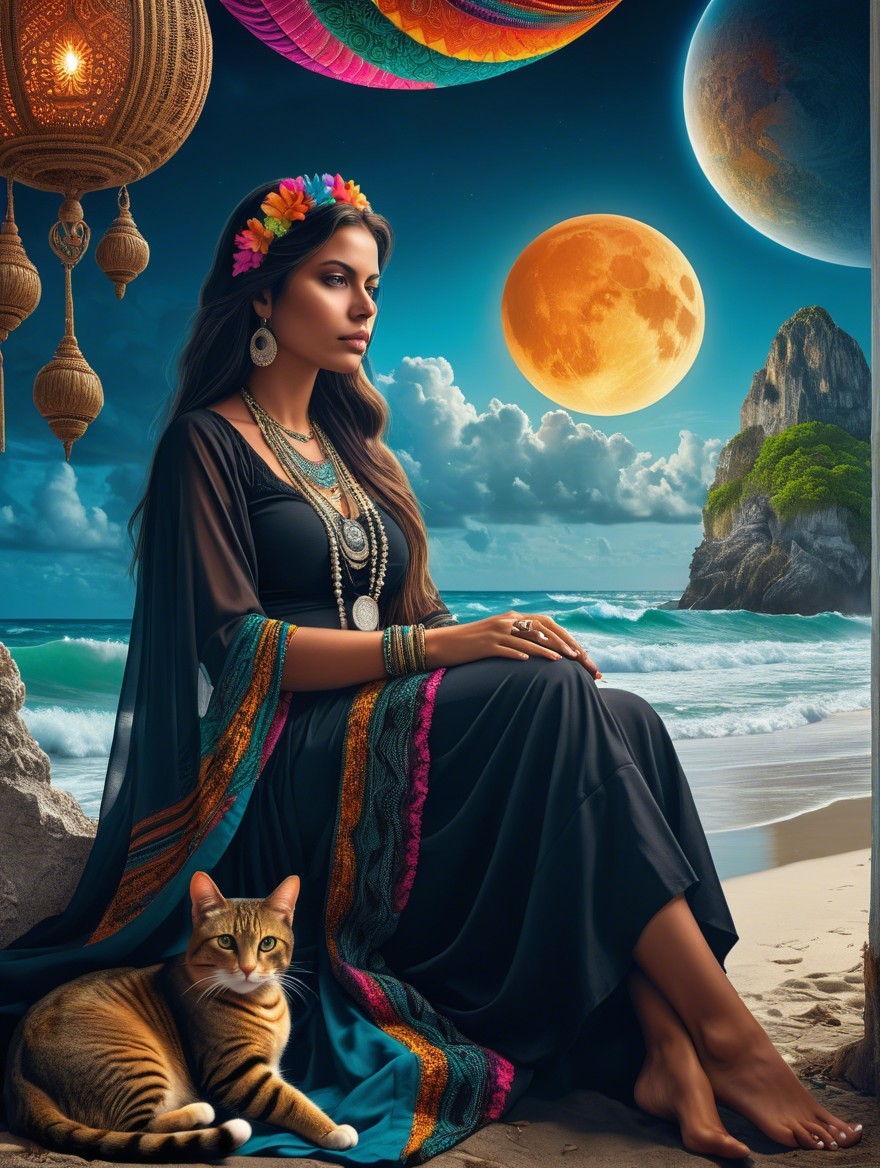 Serene Woman in Black Dress on a Dreamy Beach