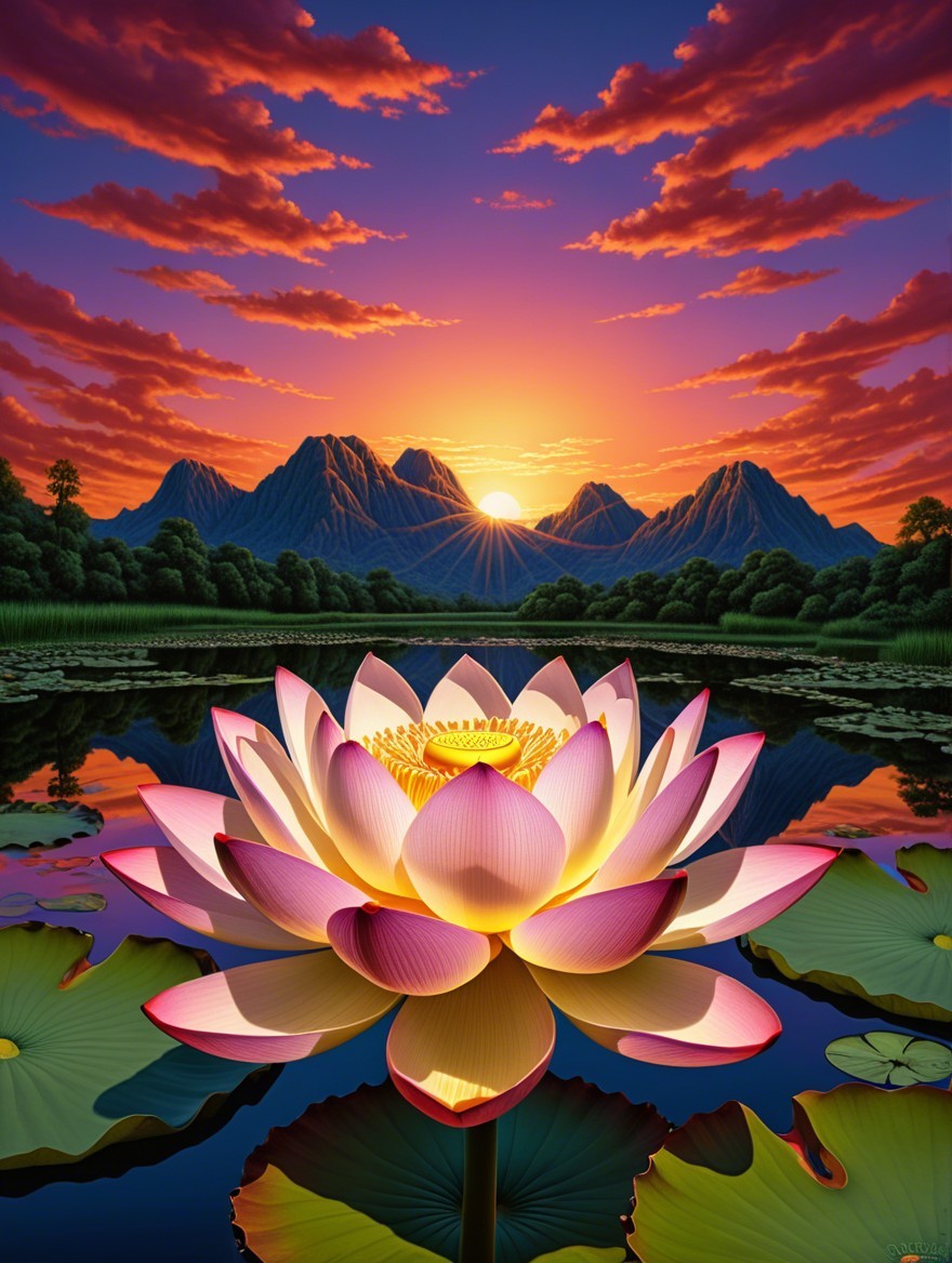 Lotus Flower at Sunset Over Serene Lake and Mountains