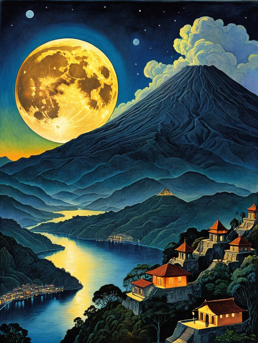 Serene Landscape with Moonlit River and Cozy Houses