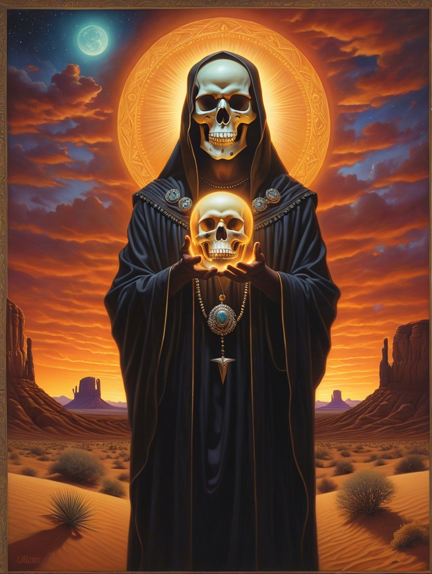 Cloaked Figure with Glowing Skull at Desert Sunset