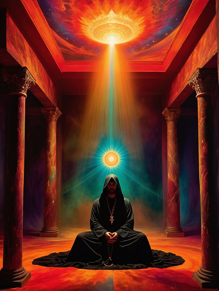 Cloaked Figure Meditating in Mystical Colorful Setting