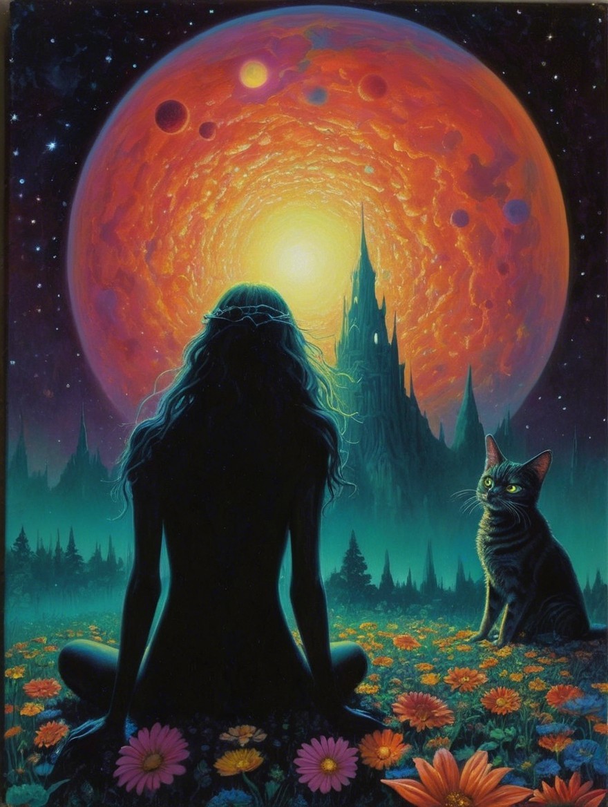 Surreal Landscape with Woman, Castle, and Planet